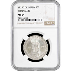 Веймарская Республика 3 рейхсмарки 1925 г. D, NGC MS64, "Тысячелетие Рейнской области (Рейнланда)"