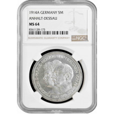 Ангальт-Дессау 5 марок 1914 г. A, NGC MS64, "25 лет свадьбе Фридриха II и Марии Баденской"