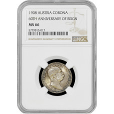 Austria 1 corona 1908, NGC MS66, "60th Anniversary of Reign" silver coin