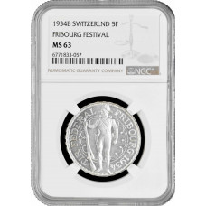 Switzerland 5 francs 1934, NGC MS63, "Fribourg Shooting Festival" silver coin