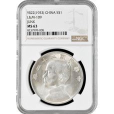 China - Republic 1 yuan (Junk Dollar) 1933, NGC MS63, "Bust of Sun Yat-Sen"