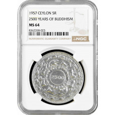 Ceylon 5 rupees 1957, NGC MS64, "2500th Anniversary - Buddhism" silver coin
