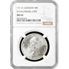 Schaumburg-Lippe 3 mark 1911 A, NGC MS63, "Prince Albrecht Georg (1893 - 1911)"