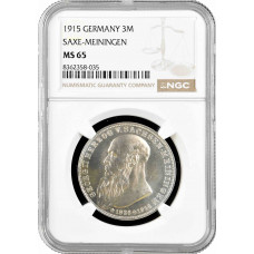 Saxe-Meiningen 3 mark 1915, NGC MS65, "Death of Georg II" silver coin