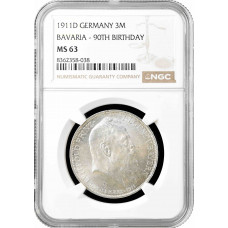 Бавария 3 марки 1911 г. D, NGC MS63, "90 лет со дня рождения Луитпольда Баварского"