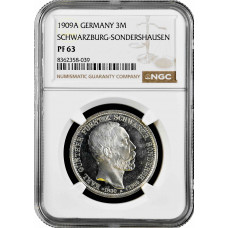 Шварцбург-Зондерсгаузен 3 марки 1909 г., NGC PF63, "Смерть Карла Гюнтера"