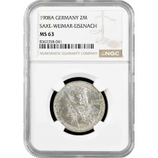 Saxe-Weimar-Eisenach 2 mark 1908 A, NGC MS63, "350th Anni. - University of Jena"