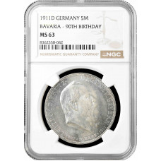 Bavaria 5 mark 1911, NGC MS63, "90th Anniv. - Birth of Prince Regent Luitpold"