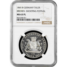 Bremen 1 thaler 1865, NGC MS63 PL, "Second German Shooting Festival" silver coin