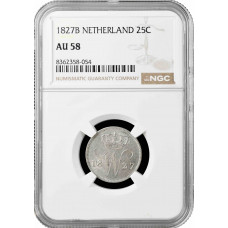 Нидерланды 25 центов 1827 г. B, NGC AU58, "Король Виллем I (1815 - 1840)" Top Pop 1/0