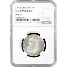 Saxe-Meiningen 2 mark 1915, NGC MS64, "Death of Georg II" silver coin