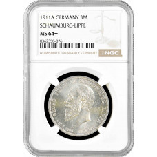 Schaumburg-Lippe 3 mark 1911 A, NGC MS64+, "Prince Albrecht Georg (1893 - 1911)"