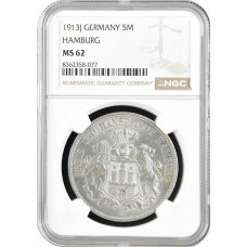 Гамбург 5 марок 1913 г. J, NGC MS62, "Вольный город Гамбург (1871 - 1918)"