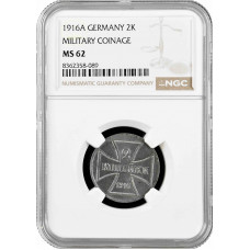 Германия 2 копейки 1916 г. A, NGC MS62, "Военные деньги (1916 - 1916)"
