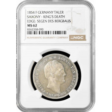 Saxony 1 thaler 1854 F, NGC MS62, "Death of King Friedrich August II" Pop 2/1