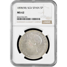 Spain 5 pesetas 1898 SGV, NGC MS62, "King Alfonso XIII (1886 - 1931)"
