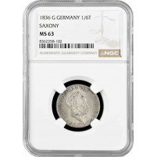 Saxony 1/6 thaler 1836 G, NGC MS63, "Death of King Anton" silver coin