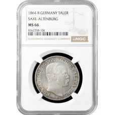 Saxe-Altenburg 1 thaler 1864 B, NGC MS66, "Duke Ernst I (1853-1908)" Top Pop 1/0