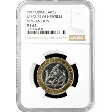 Gibraltar 2 pounds 1997, NGC MS64, "12 Labors of Hercules - Nemean Lion"