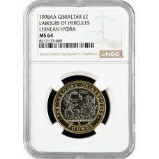 Gibraltar 2 pounds 1998, NGC MS64, "12 Labors of Hercules - Lernaean Hydra"