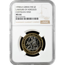 Gibraltar 2 pounds 1998, NGC MS66, "12 Labors of Hercules - Ceryneian Hind" Top