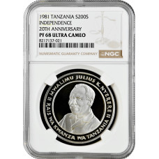 Tanzania 200 Shilingi 1981, NGC PF68 UC, "Independence - Julius Nyerere" silver