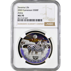Cameroon 500 francs 2022, NGC MS70, "Savanna Life - Zebra" silver coin