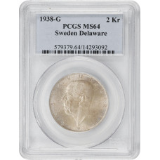 Швеция 2 кроны 1938 г., PCGS MS64, "300 лет поселению Делавэр"
