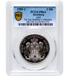 Гамбург 3 марки 1909 г. J, PCGS PR63, "Вольный город Гамбург (1871 - 1918)"