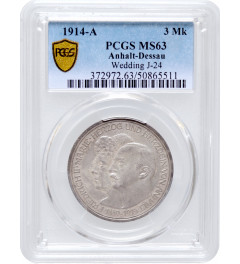 Ангальт-Дессау 3 марки 1914 г. A, PCGS MS63, "25 лет свадьбе Фридриха II и Марии Баденской"