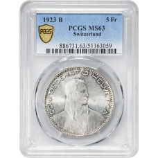 Switzerland 5 francs 1923 B, PCGS MS63, "Confoederatio Helvetica (1917 - 1967)"