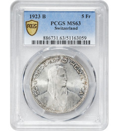 Швейцария 5 франков 1923 г. B, PCGS MS63, "Конфедерация (1917 - 1967)"