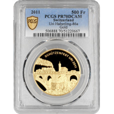 Switzerland 500 francs 2011, PCGS PR70 DCAM, "Uri Shooting Festival" gold coin