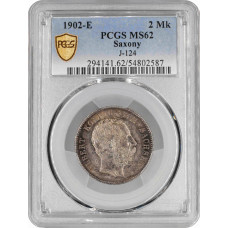 Saxony 2 mark 1902 E, PCGS MS62, "King Albert (1873 - 1902)" silver coin