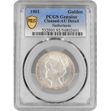 Нидерланды 1 гульден 1901 г., PCGS AU Det., "Королева Вильгельмина (1890 - 1948)"
