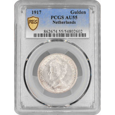 Нидерланды 1 гульден 1917 г., PCGS AU55, "Королева Вильгельмина (1890 - 1948)"