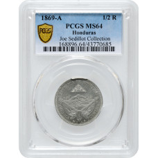 Гондурас 1/2 реала 1869 г. A, PCGS MS64, "Песо (pre-decimal) (1862 - 1871)"