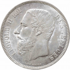 Belgium 5 francs 1868 Pos A, UNC, "King Leopold II (1865 - 1909)" Small Head