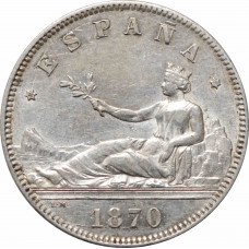 Испания 2 песеты 1870 г. (74) DE-M, AU, "Временное правительство (1869 - 1874)"