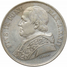 Papal States 5 lire 1870 R XXIV, AU, "Pope Pius IX (1846 - 1878)" silver coin