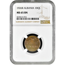 Албания 10 киндар 1926 г. R, NGC MS65 BN, "Королевство Албания (1925 - 1938)"