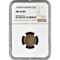 Албания 5 киндар 1926 г. R, NGC MS64 BN, "Королевство Албания (1925 - 1938)"
