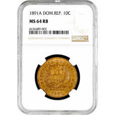 Dominican Republic 10 centesimos 1891 A, NGC MS64 RB, "Republic (1844 - 1897)"