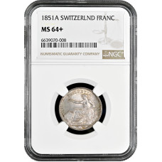 Швейцария 1 франк 1851 г. A, NGC MS64+, "Швейцарская конфедерация (1917 - 1967)"