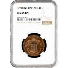 Hungary 4 krajczar 1868 KB, NGC MS65 BN, "Emperor Franz Joseph I (1848 - 1916)"