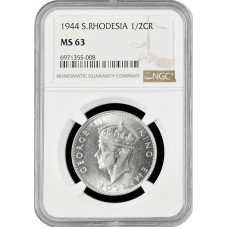 Южная Родезия 1/2 кроны 1944 г., NGC MS63, "Колония Великобритании (1932 - 1955)"