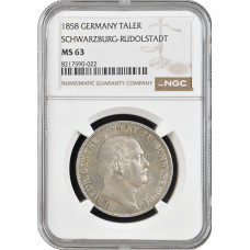 Шварцбург-Рудольштадт 1 талер 1858 г., NGC MS63, "Князь Фридрих Гюнтер (1807 - 1867)"