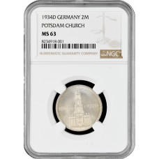 Германия - Третий рейх 2 рейхсмарки 1934 г. D, NGC MS63, "Гарнизонная церковь в Потсдаме (21 März 1933)"