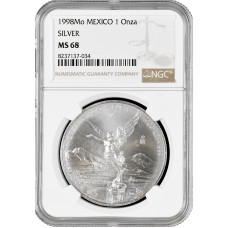 Мексика 1 онза 1998 г. Mo, NGC MS68, "Серебряная инвестиционная монета "Свобода"