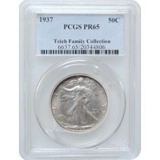 USA half dollar 1937 г., PCGS PR65, "Walking Liberty Half Dollar" silver coin